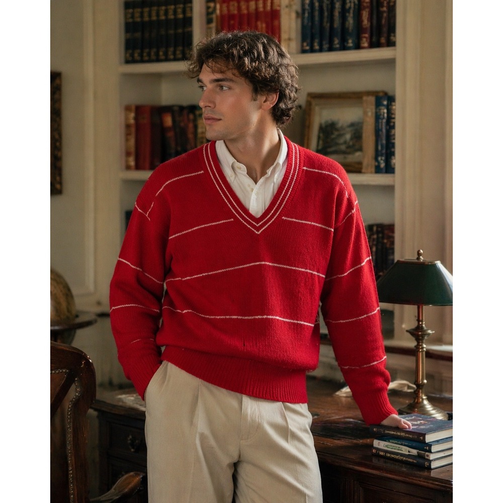 Ellesse Mens Vintage Red Striped V-Neck Sweater Ramie Cotton Knit Size M NWT‎
